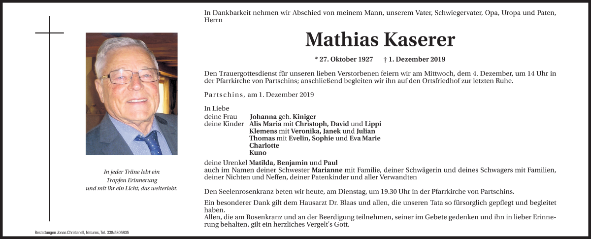  Traueranzeige für Mathias Kaserer vom 03.12.2019 aus Dolomiten