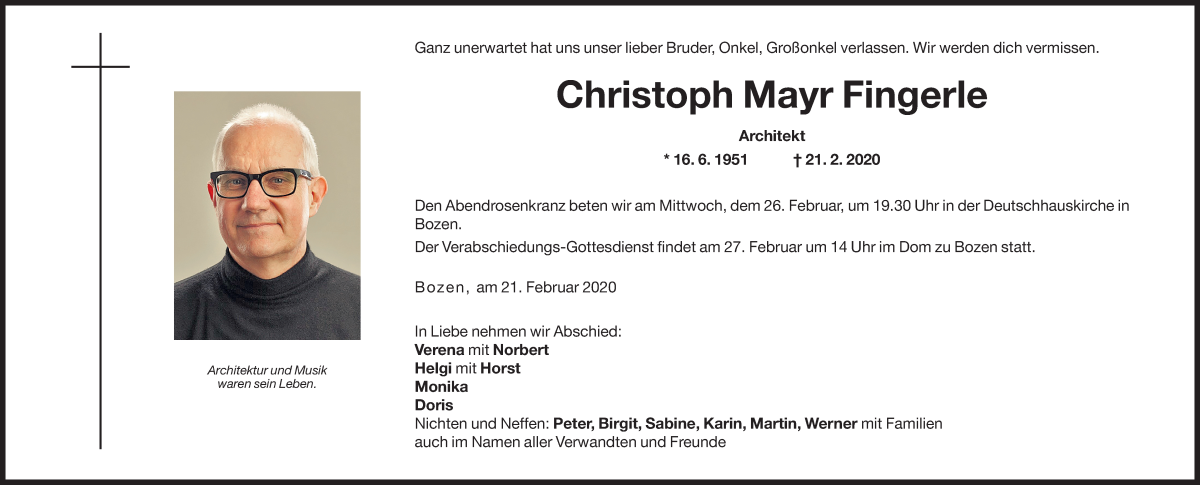  Traueranzeige für Christoph Mayr Fingerle vom 25.02.2020 aus Dolomiten