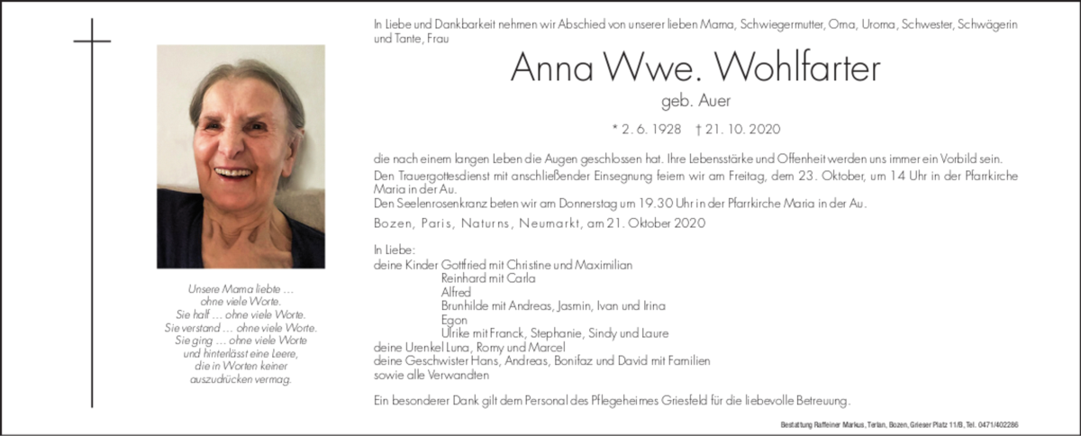  Traueranzeige für Anna Wohlfarter vom 22.10.2020 aus Dolomiten