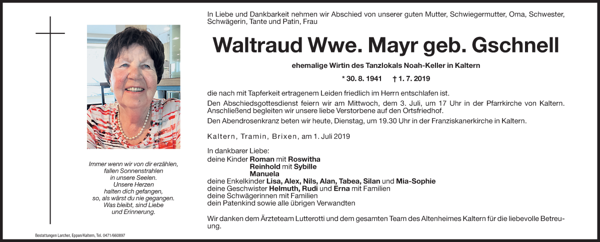  Traueranzeige für Waltraud Mayr vom 02.07.2019 aus Dolomiten
