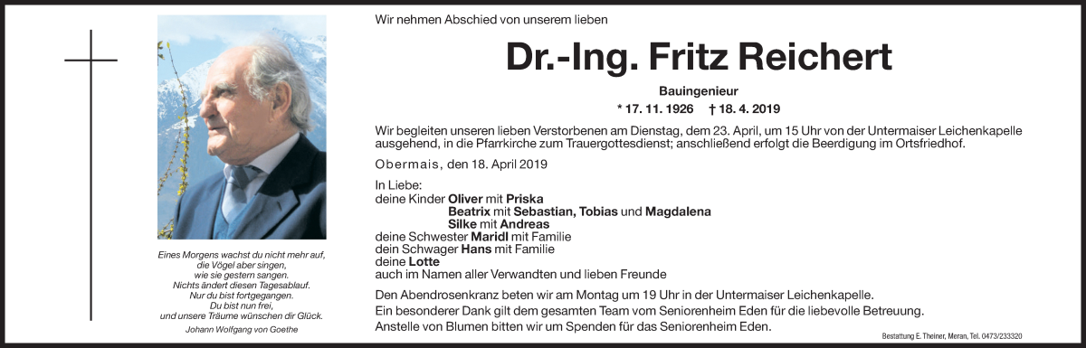  Traueranzeige für Fritz Reichert vom 19.04.2019 aus Dolomiten