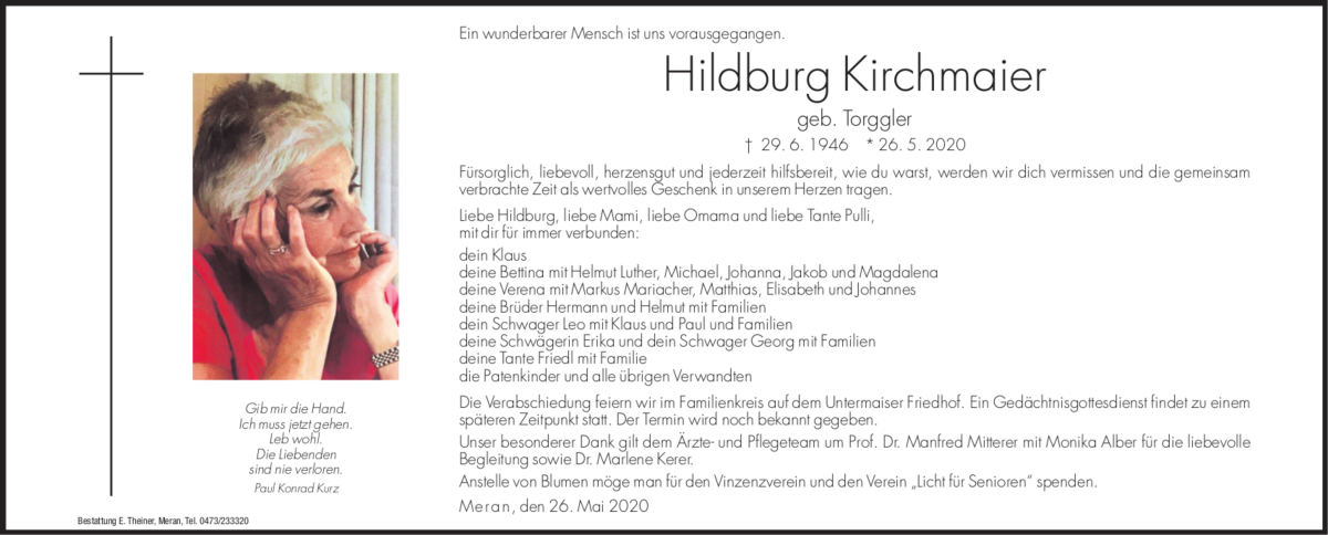  Traueranzeige für Hildburg Kirchmaier vom 29.05.2020 aus Dolomiten