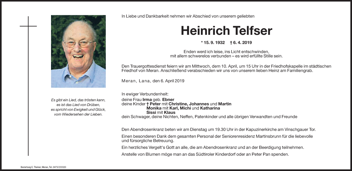  Traueranzeige für Heinrich Telfser vom 08.04.2019 aus Dolomiten