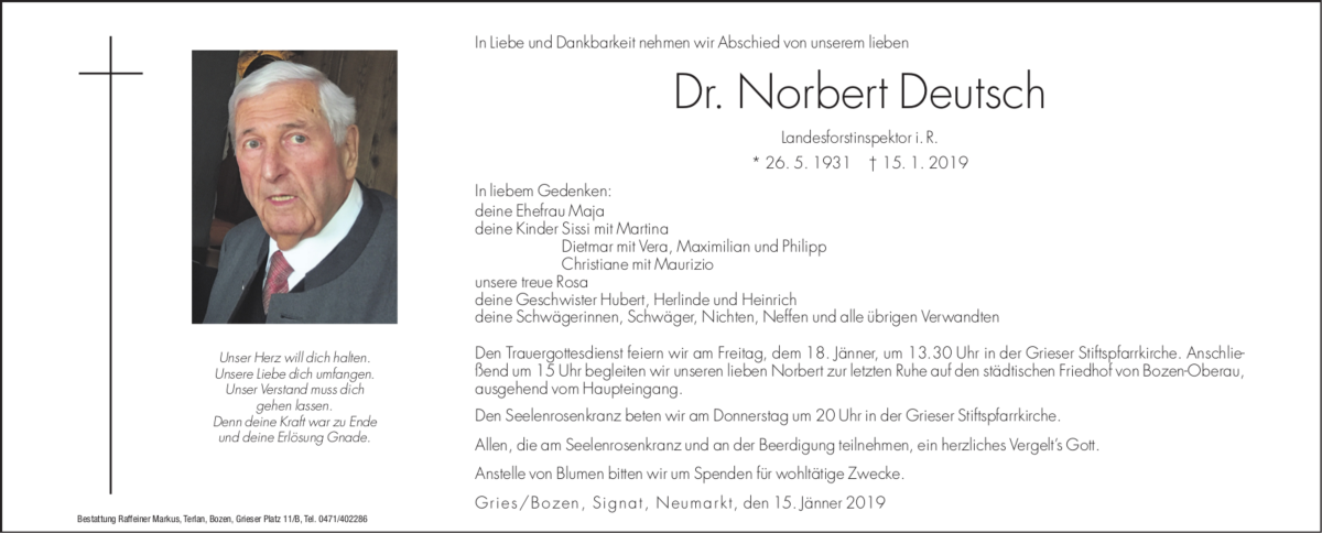  Traueranzeige für Norbert Deutsch vom 16.01.2019 aus Dolomiten