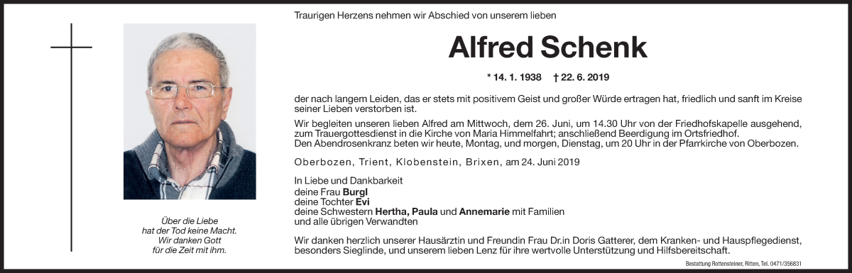  Traueranzeige für Alfred Schenk vom 24.06.2019 aus Dolomiten