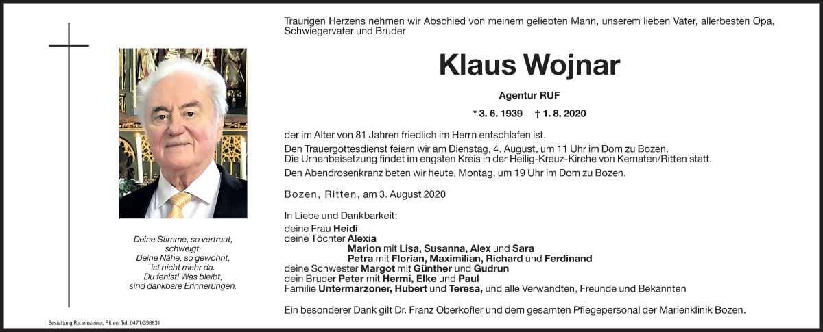  Traueranzeige für Klaus Wojnar vom 03.08.2020 aus Dolomiten