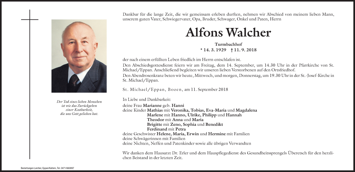  Traueranzeige für Alfons Walcher  vom 12.09.2018 aus Dolomiten