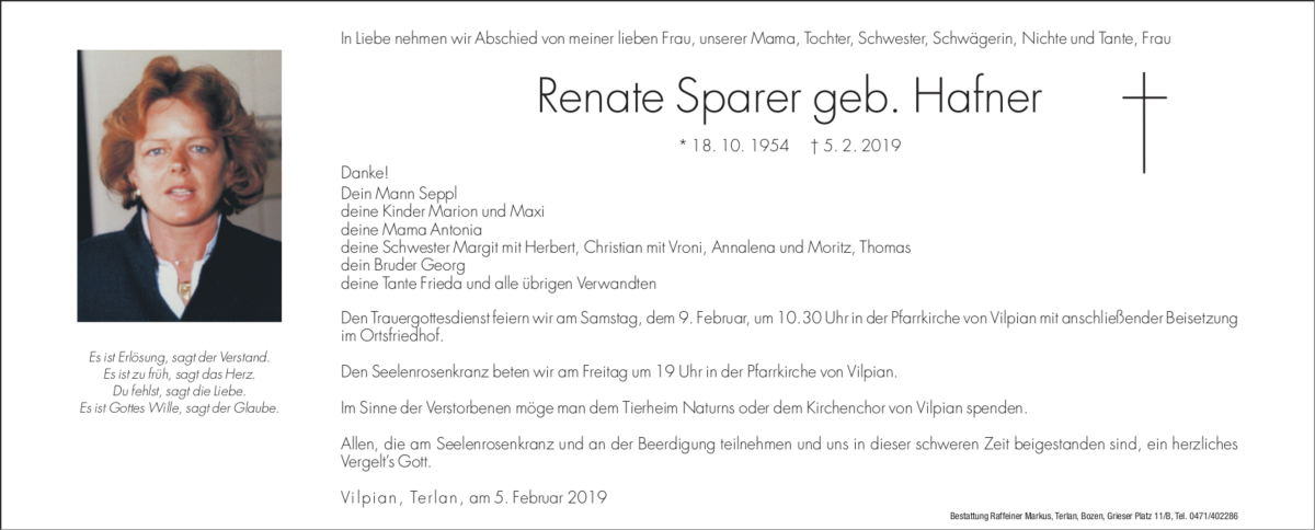  Traueranzeige für Renate Sparer vom 06.02.2019 aus Dolomiten