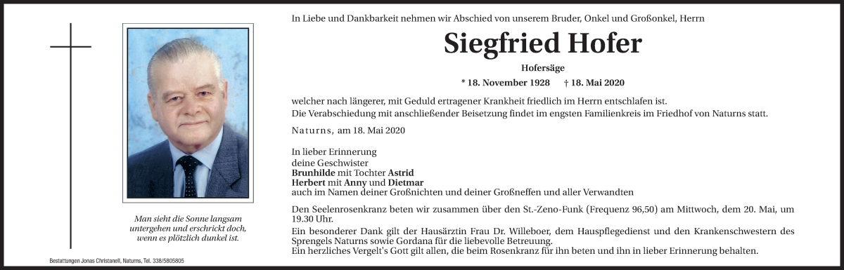  Traueranzeige für Siegfried Hofer vom 20.05.2020 aus Dolomiten