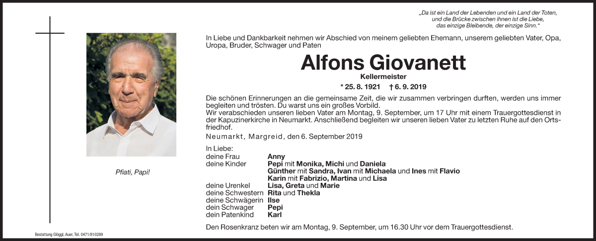  Traueranzeige für Alfons Giovanett vom 09.09.2019 aus Dolomiten