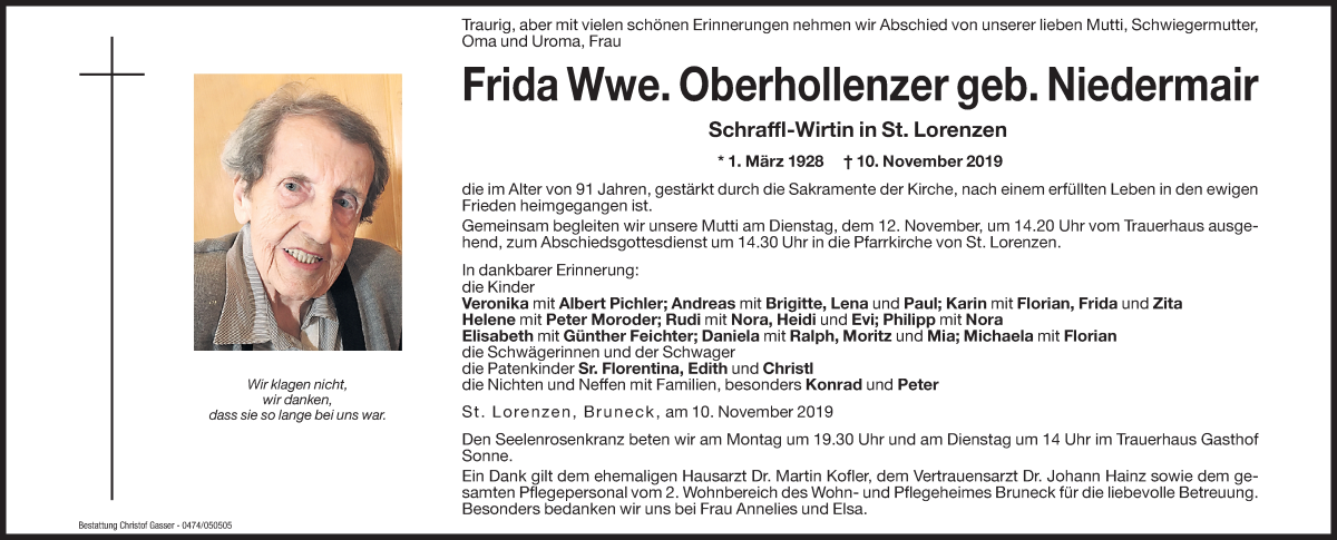  Traueranzeige für Frida Oberhollenzer vom 11.11.2019 aus Dolomiten