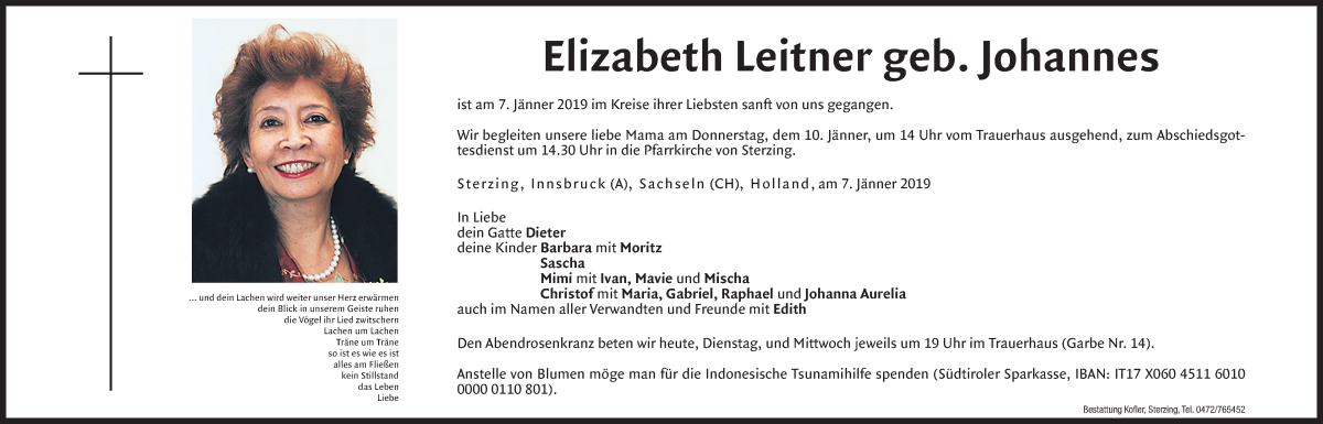  Traueranzeige für Elizabeth Leitner vom 08.01.2019 aus Dolomiten