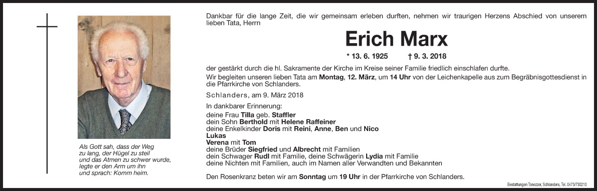  Traueranzeige für Erich Marx vom 10.03.2018 aus Dolomiten