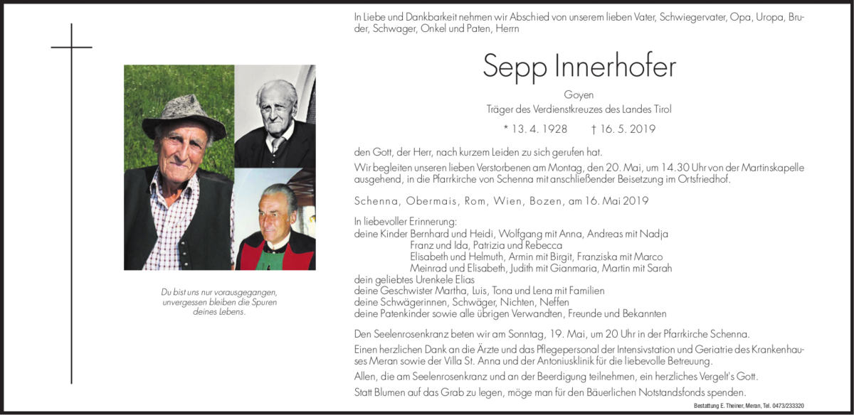  Traueranzeige für Sepp Innerhofer vom 17.05.2019 aus Dolomiten