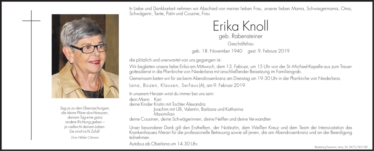  Traueranzeige für Erika Knoll vom 11.02.2019 aus Dolomiten