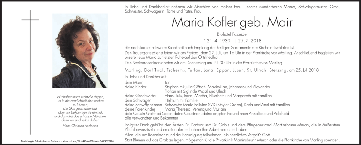  Traueranzeige für Maria Kofler vom 26.07.2018 aus Dolomiten
