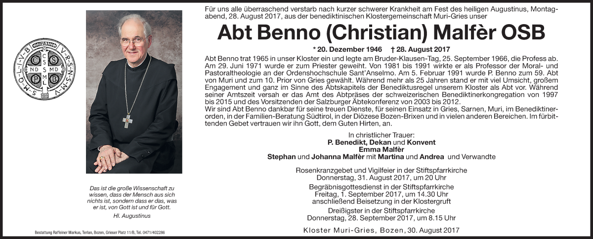  Traueranzeige für Benno Malfèr vom 30.08.2017 aus Dolomiten