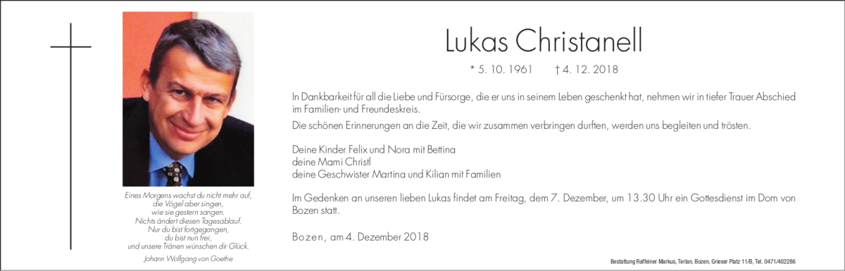  Traueranzeige für Lukas Christanell vom 06.12.2018 aus Dolomiten