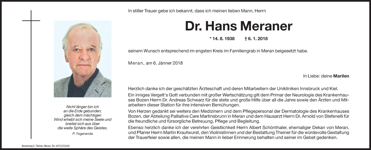  Traueranzeige für Hans Meraner vom 12.01.2018 aus Dolomiten