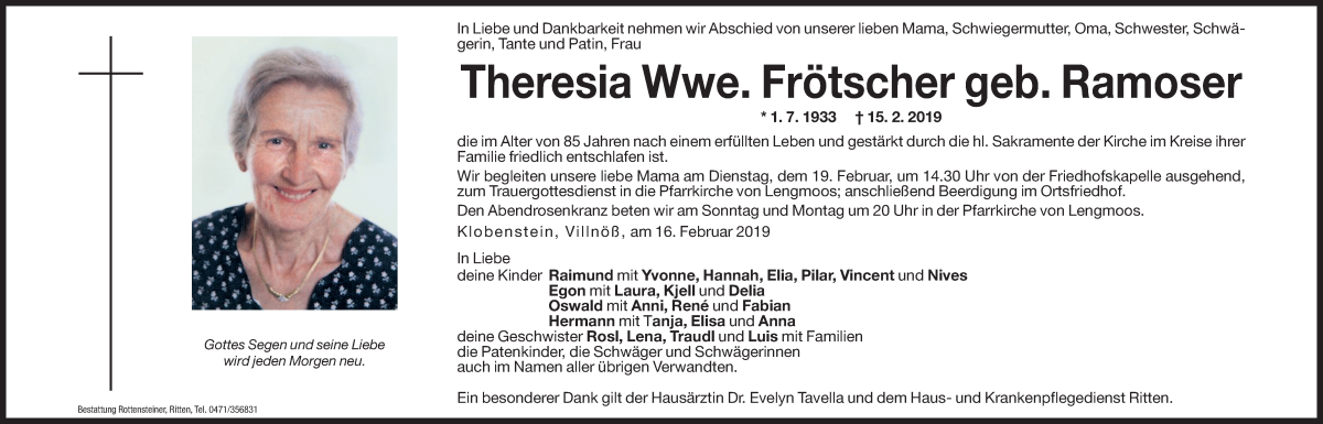  Traueranzeige für Theresia Frötscher vom 16.02.2019 aus Dolomiten