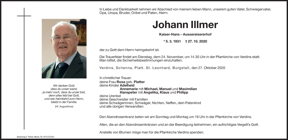 Traueranzeige für Johann Illmer vom 21.11.2020 aus Dolomiten