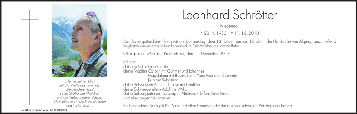  Traueranzeige für Leonhard Schrötter vom 12.12.2018 aus Dolomiten