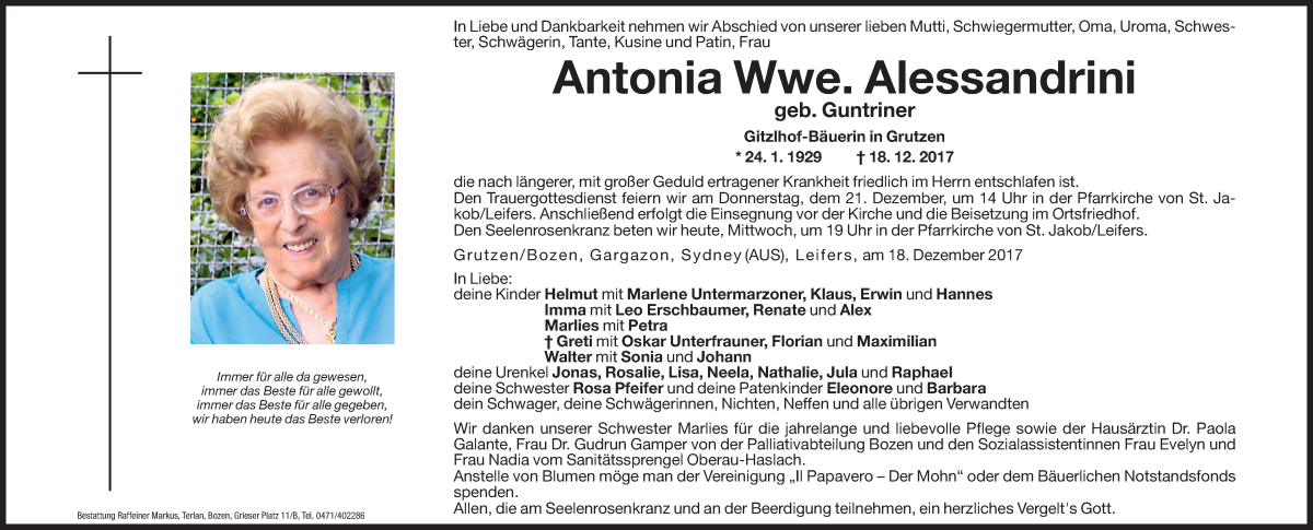  Traueranzeige für Antonia Alessandrini vom 20.12.2017 aus Dolomiten