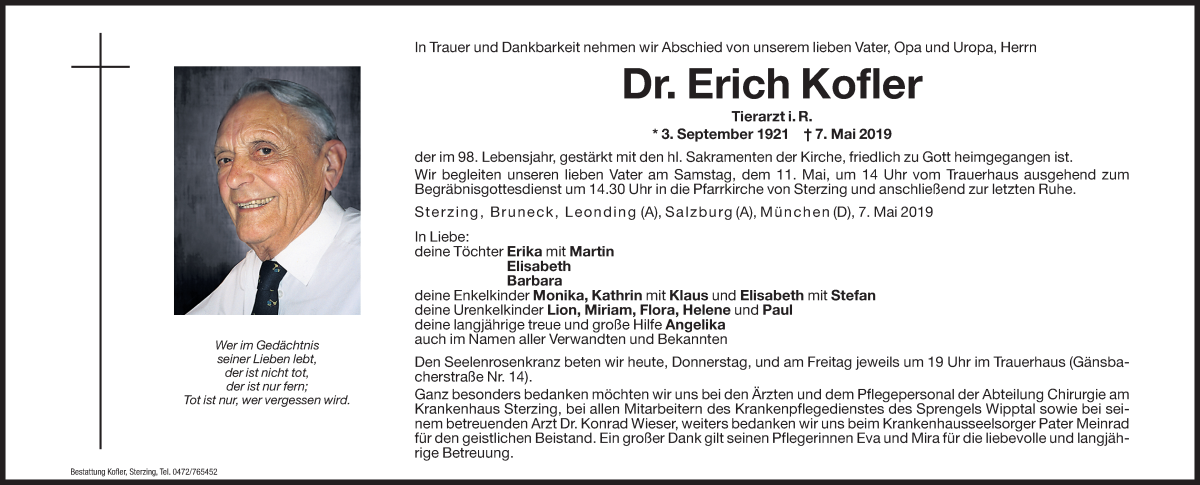  Traueranzeige für Erich Kofler vom 09.05.2019 aus Dolomiten