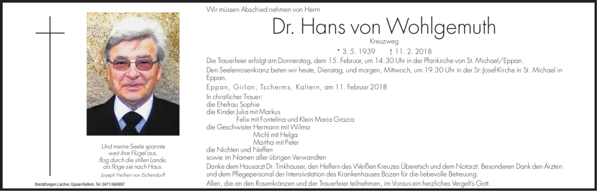  Traueranzeige für Hans von Wohlgemuth vom 13.02.2018 aus Dolomiten