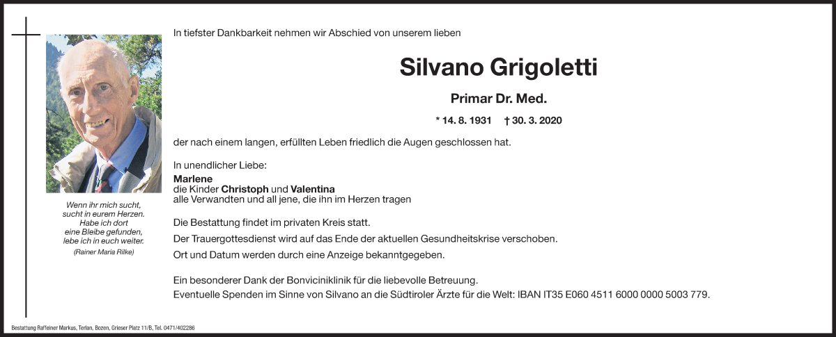  Traueranzeige für Silvano Grigoletti vom 01.04.2020 aus Dolomiten