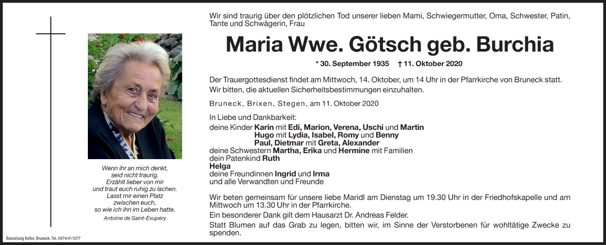  Traueranzeige für Maria Götsch vom 13.10.2020 aus Dolomiten