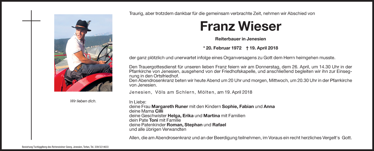  Traueranzeige für Franz Wieser vom 24.04.2018 aus Dolomiten