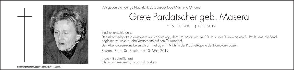  Traueranzeige für Grete Pardatscher vom 14.03.2019 aus Dolomiten