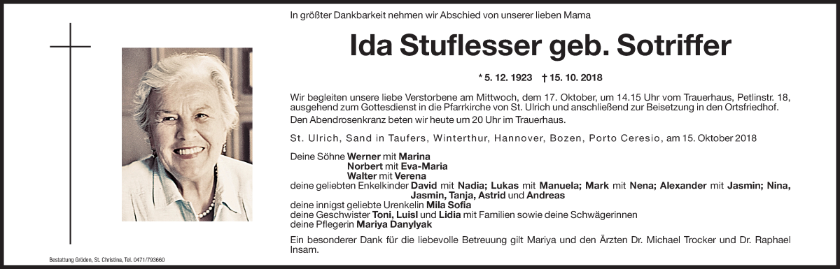  Traueranzeige für Ida Stuflesser vom 16.10.2018 aus Dolomiten