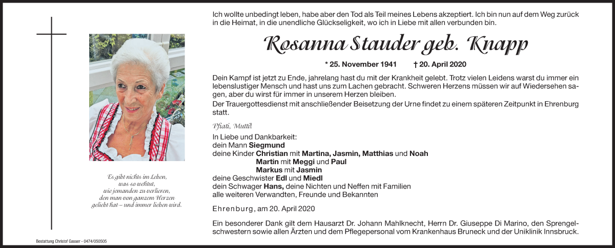  Traueranzeige für Rosanna Stauder vom 24.04.2020 aus Dolomiten