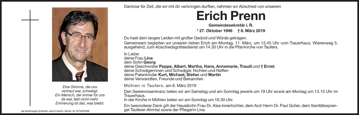  Traueranzeige für Erich Prenn vom 09.03.2019 aus Dolomiten