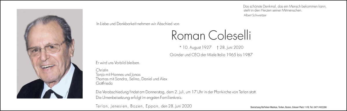  Traueranzeige für Roman Coleselli vom 30.06.2020 aus Dolomiten