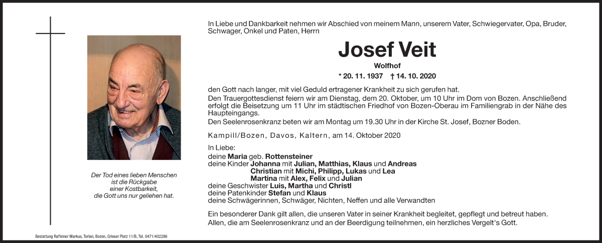  Traueranzeige für Josef Veit vom 16.10.2020 aus Dolomiten