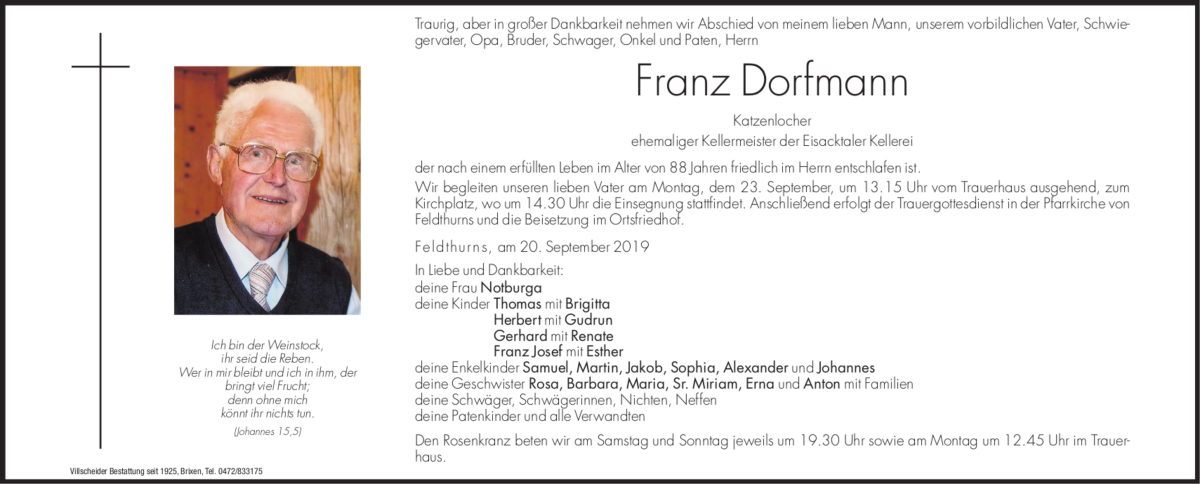  Traueranzeige für Franz Dorfmann vom 21.09.2019 aus Dolomiten