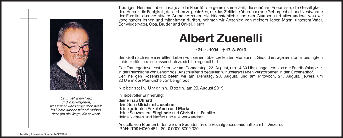  Traueranzeige für Albert Zuenelli vom 20.08.2019 aus Dolomiten