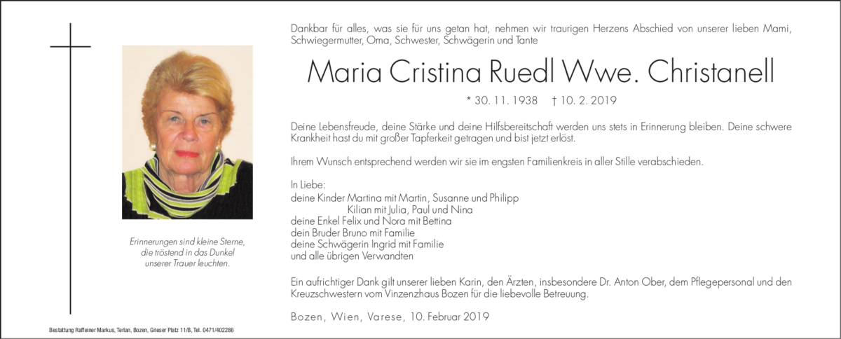  Traueranzeige für Maria Cristina Christanell vom 11.02.2019 aus Dolomiten