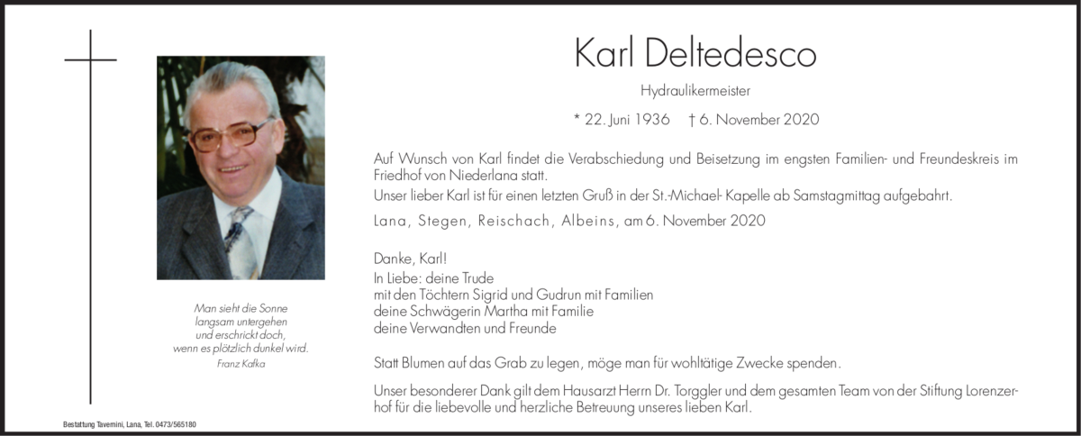  Traueranzeige für Karl Deltedesco vom 07.11.2020 aus Dolomiten
