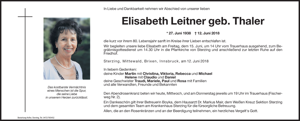  Traueranzeige für Elisabeth Leitner vom 13.06.2018 aus Dolomiten