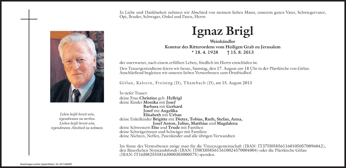  Traueranzeige für Ignaz Brigl vom 17.08.2013 aus Dolomiten