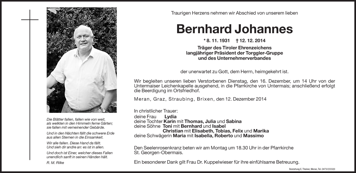  Traueranzeige für Bernhard Johannes vom 13.12.2014 aus Dolomiten