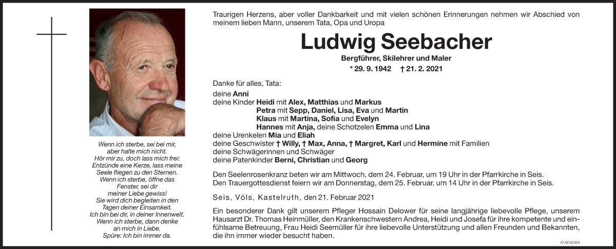  Traueranzeige für Ludwig Seebacher vom 23.02.2021 aus Dolomiten
