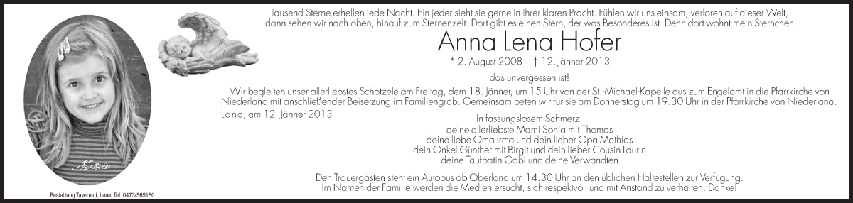  Traueranzeige für Anna Lena Hofer vom 16.01.2013 aus Dolomiten