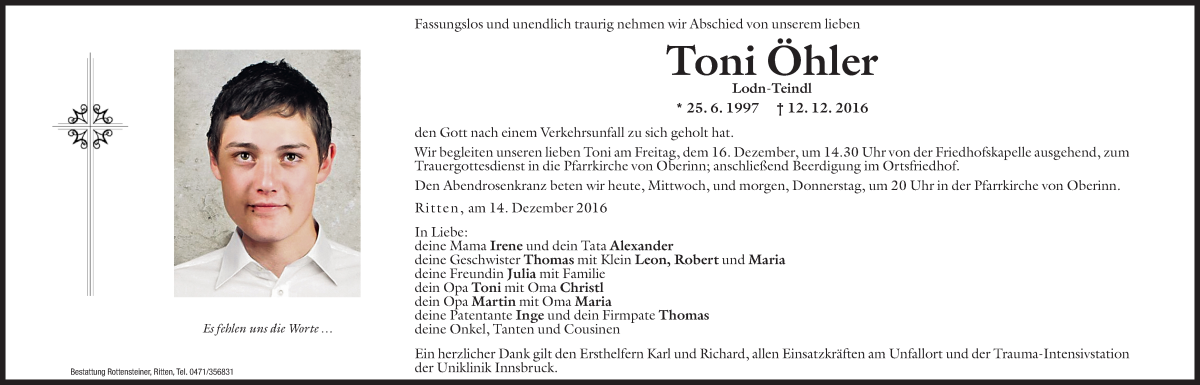  Traueranzeige für Toni Öhler vom 14.12.2016 aus Dolomiten