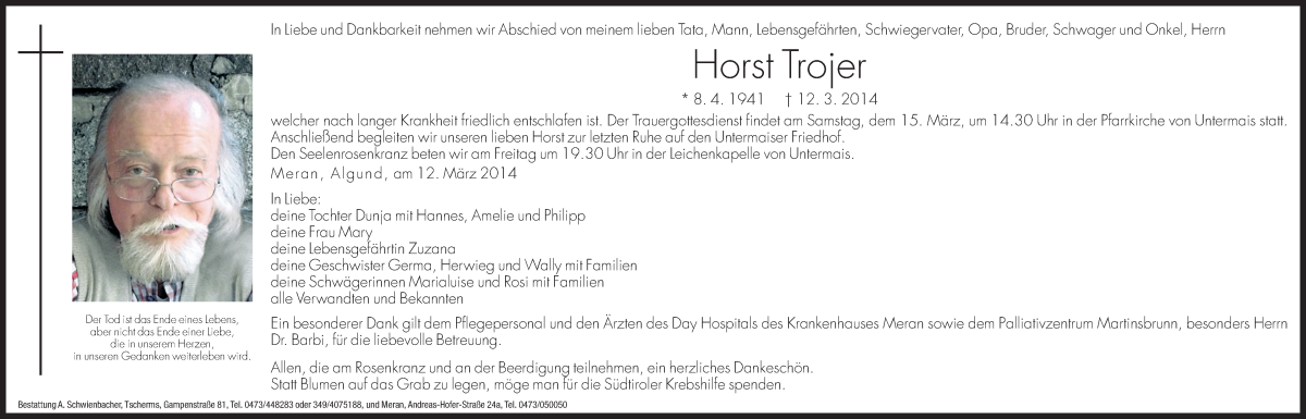  Traueranzeige für Horst Trojer vom 14.03.2014 aus Dolomiten
