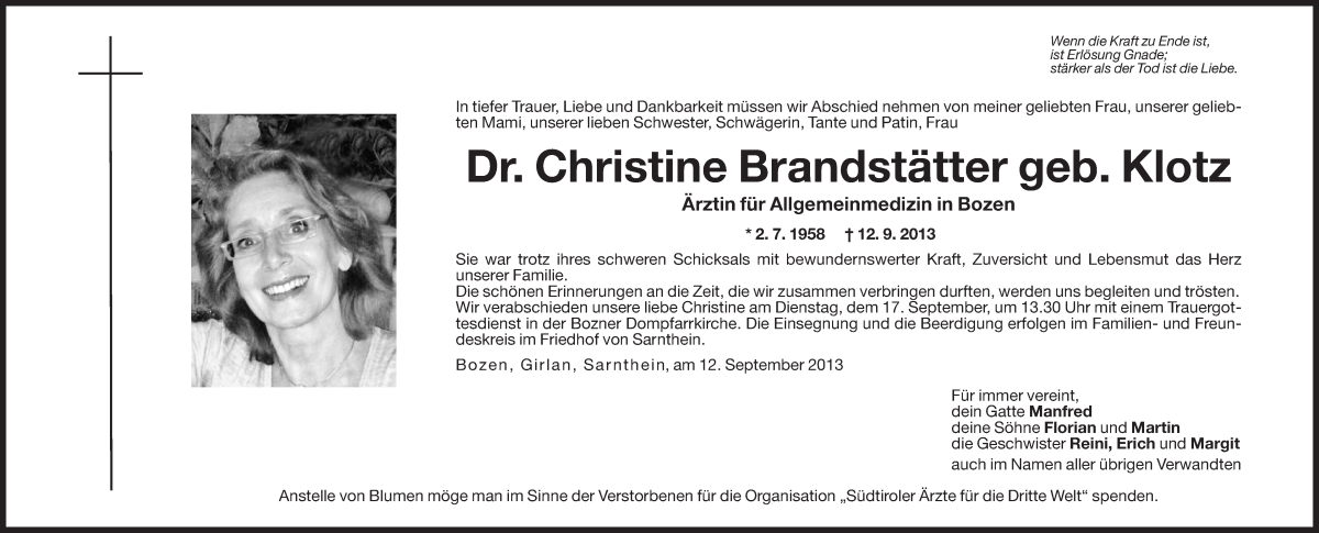  Traueranzeige für Christine Brandstätter vom 14.09.2013 aus Dolomiten